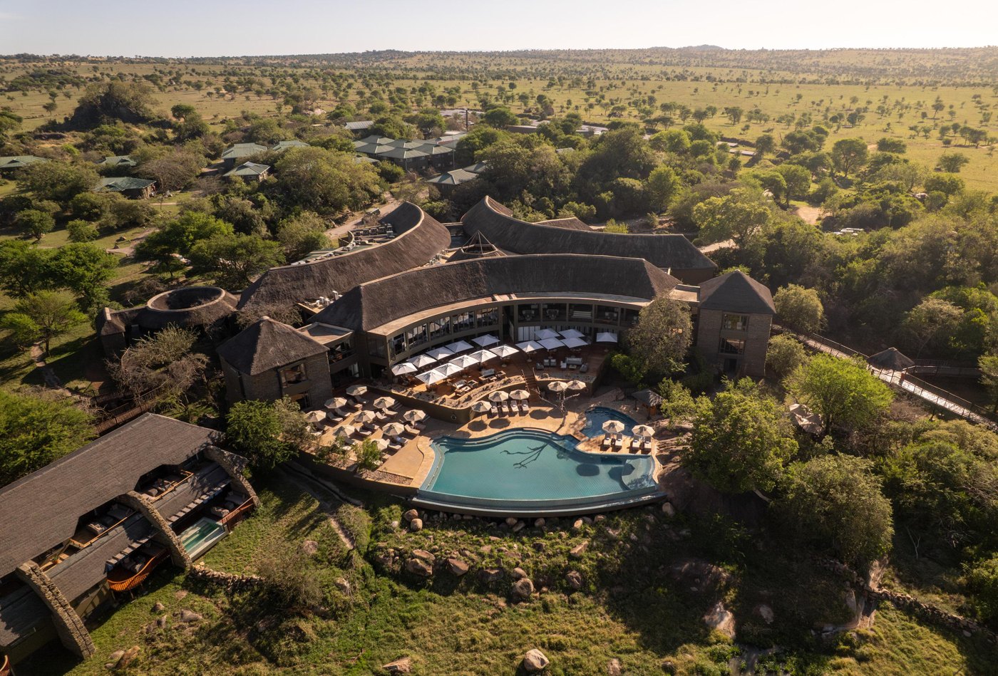 Four Seasons Safari Lodge Serengeti — Lodge buildings and pool viewed from above