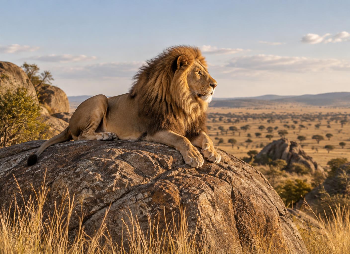 A lion resting on the golden grasslands of the Serengeti
