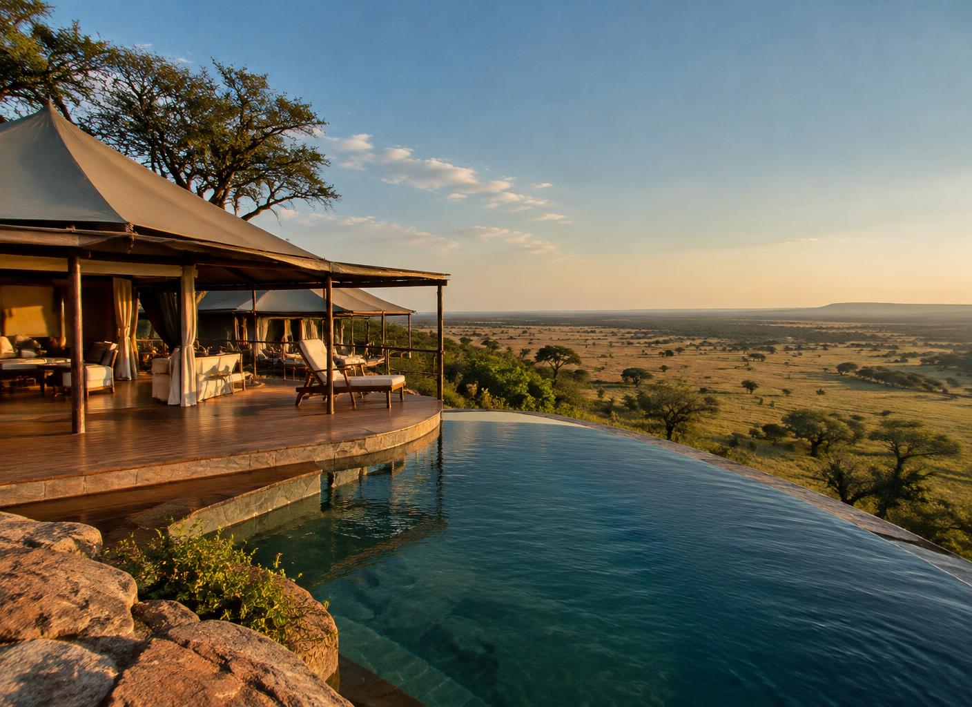 Kubu Kubu Tented Lodge tents and pool facing the Serengeti plains