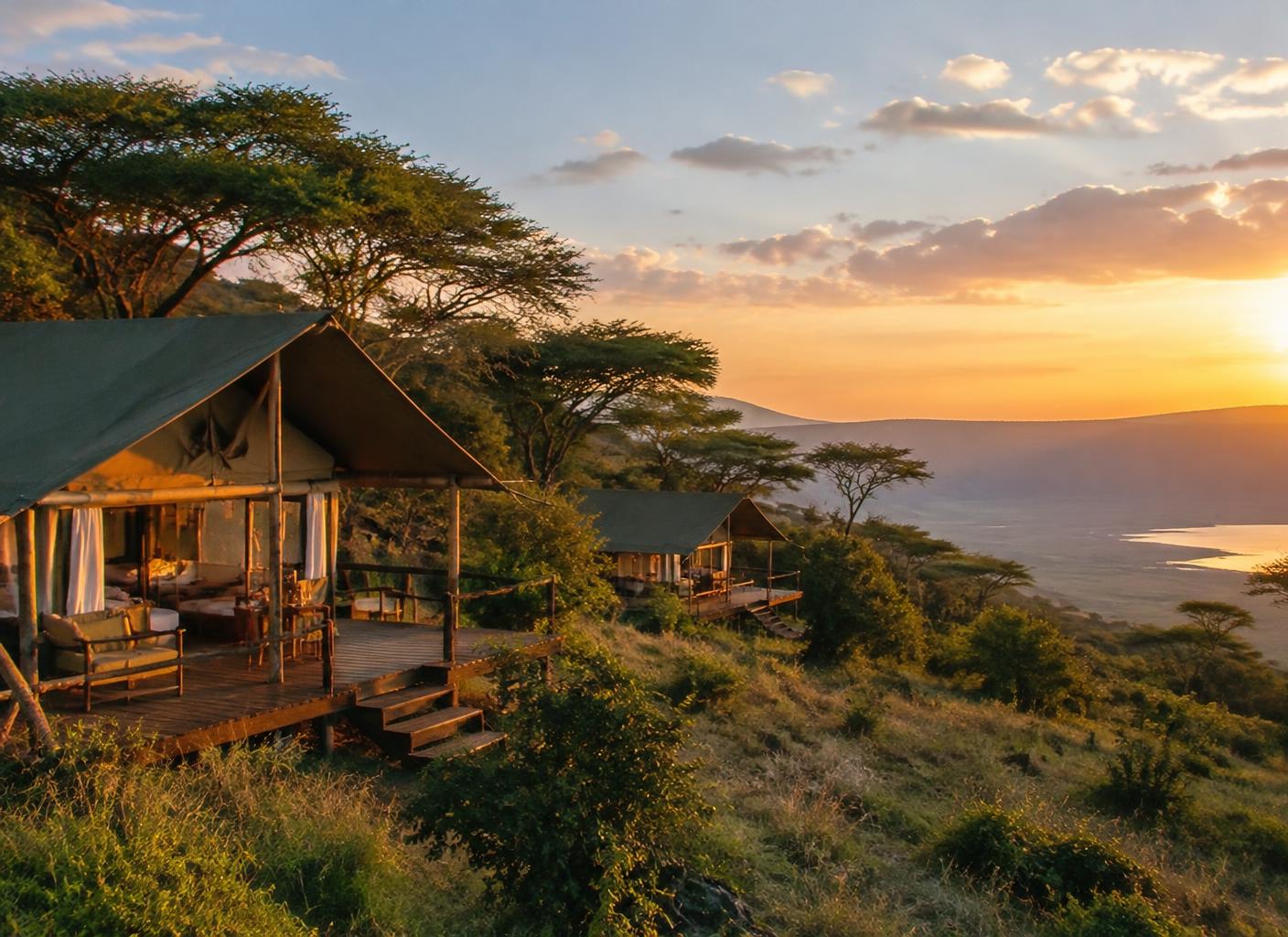 Lion's Paw Camp tents with wooden decks among acacias at sunset on the Ngorongoro highlands