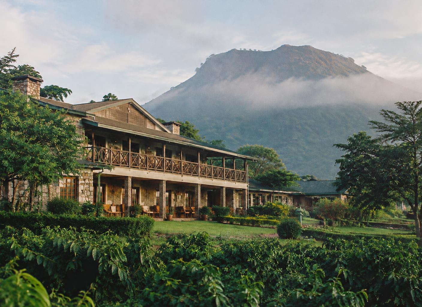 Oldeani Mountain Lodge stone veranda surrounded by coffee plants beneath misty Oldeani mountain