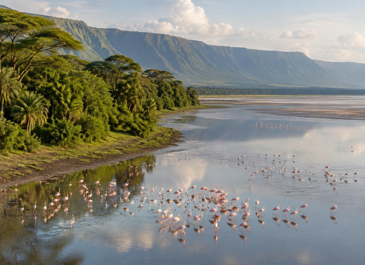 The shimmering waters of Lake Manyara beneath the Great Rift Valley escarpment