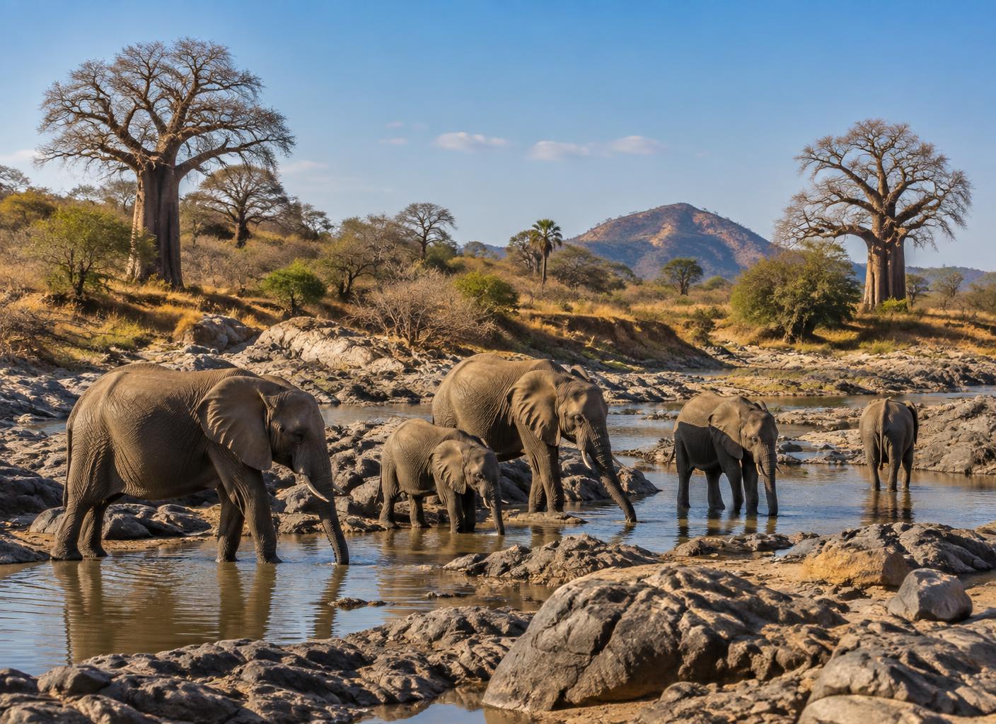 Baobabs and rocky hills in the dry wilderness of Ruaha National Park