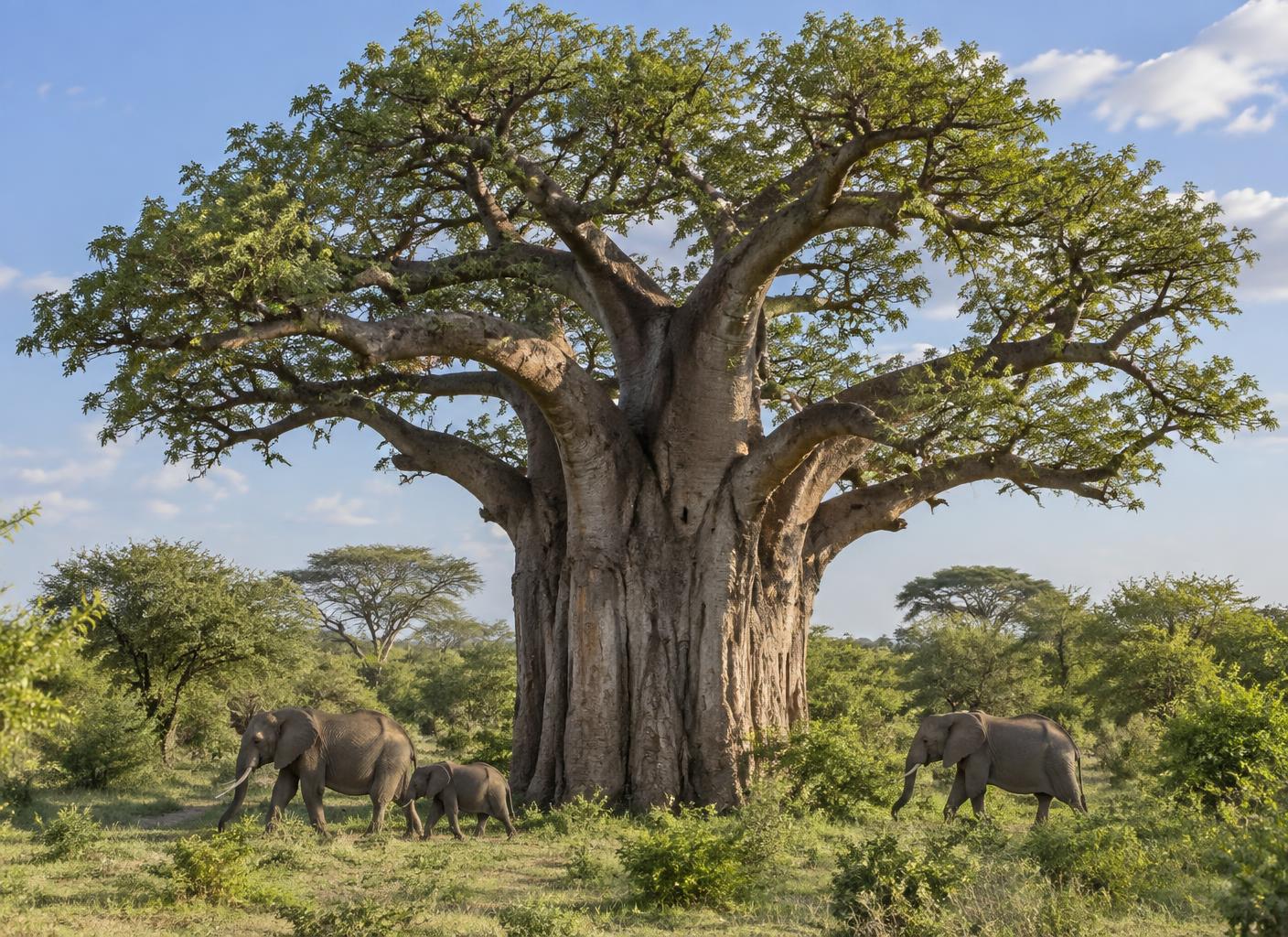 Elephants walking beneath ancient baobab trees in Tarangire National Park